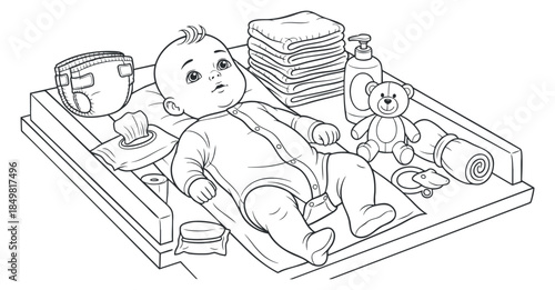 A baby lying on a changing table surrounded by diapers, toys, and baby care essentials in minimalist outline vector style, suitable for parenting guides and educational materials