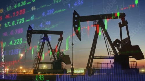 Oil pumps silhouetted against financial data display