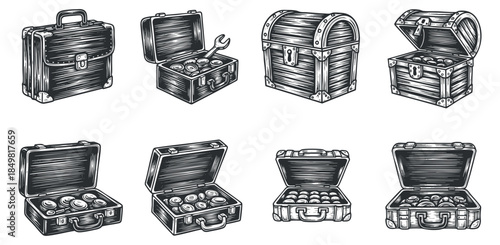 A collection of various vintage storage cases and treasure chests in detailed black and white vector style, suitable for illustrations and design projects