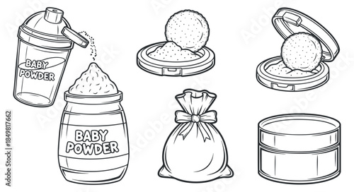A collection of baby powder packaging designs including a shaker, jar, pouch, and round canister in clean outline vector style, ideal for baby care branding
