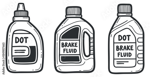 A set of three brake fluid containers with DOT labeling in black and white outline vector style, suitable for automotive illustrations and manuals