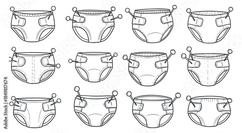 A set of 12 baby diaper designs in outline vector style, perfect for childcare and parenting illustrations