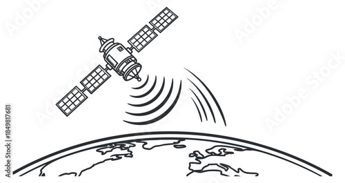 A satellite orbiting Earth sending signals in a minimalist black and white vector style, suitable for technology and communication projects