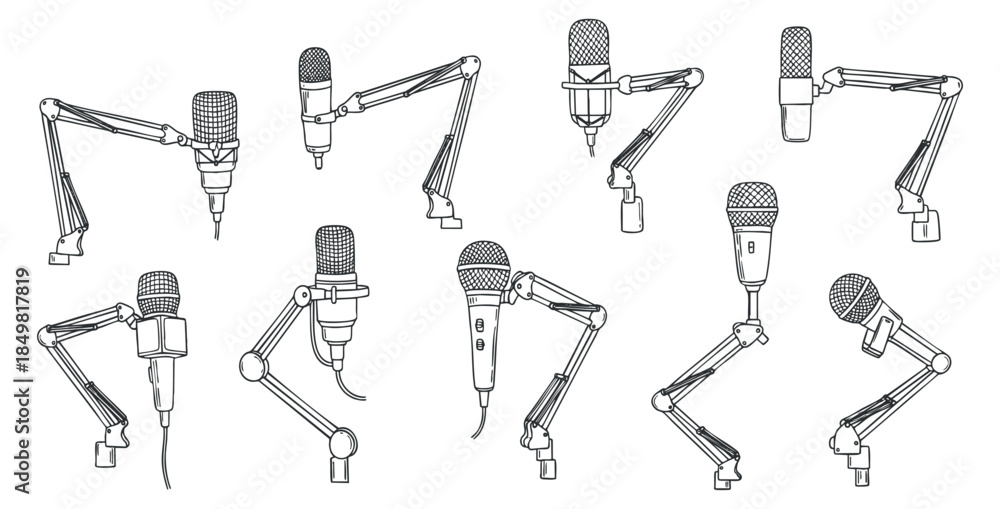 Obraz premium A collection of various microphones with adjustable stands in clean black and white line art vector style, ideal for music and audio production designs