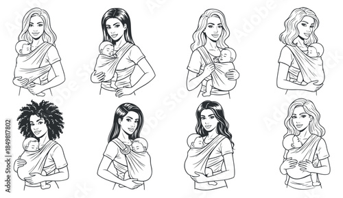 A collection of diverse mothers holding their babies in black and white outline vector style, ideal for parenting and family themes