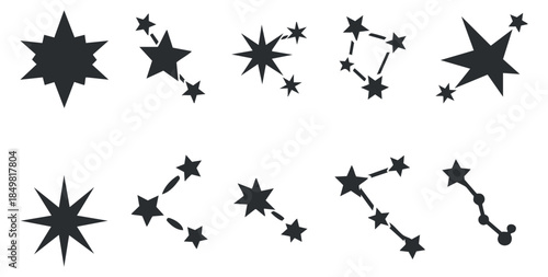 A collection of star shapes and constellations in black silhouette vector style, perfect for space-themed designs and illustrations