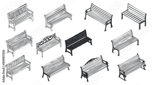 A set of various park benches in simple black and white outline vector style, suitable for urban design projects
