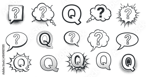 A collection of question mark icons in various speech and thought bubble styles in black and white vector illustration, ideal for graphic design and communication projects