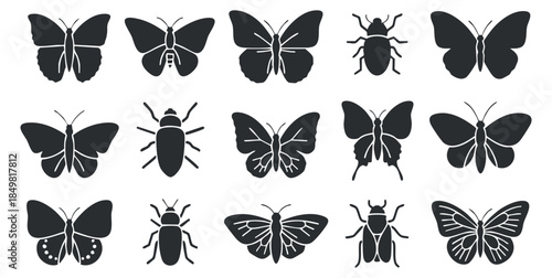 A collection of butterfly and beetle silhouettes in black and white minimalist vector style, ideal for nature-themed designs and illustrations