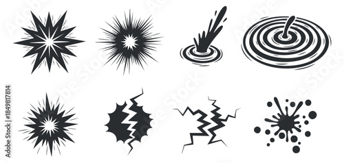 A collection of dynamic explosion and impact icons in black and white vector style, ideal for graphic design projects