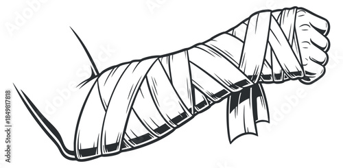 A hand wrapped in medical bandages in black outline vector style, ideal for health and wellness projects