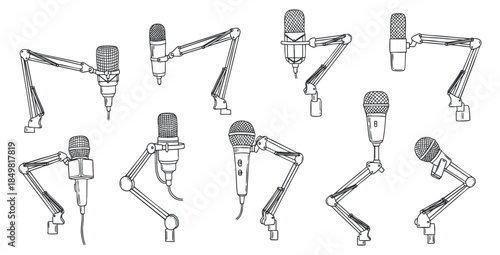 A collection of various microphones with adjustable stands in clean black and white line art vector style, ideal for music and audio production designs