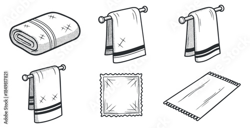 A collection of various towel designs including rolled, hanging, and flat in black and white outline vector style, ideal for home decor and bathroom design