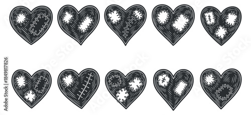 A collection of ten unique hearts with different patterns and textures in black and white hand-drawn vector style, perfect for romantic designs and creative projects