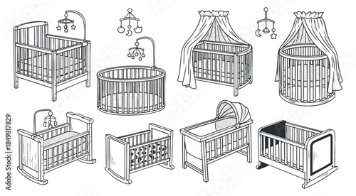 A collection of various baby cribs in outline vector style, ideal for nursery design and parenting resources