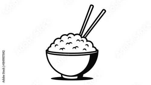 A bowl of rice with chopsticks on a simple background
