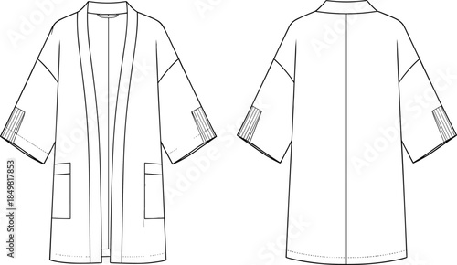 Men's Oversized Aviator Bomber Jacket Fashion Flat CAD Drawing Vector Illustration, Shearling Collar, Zipper Pockets, and Ribbed Trim Technical Sketch Template