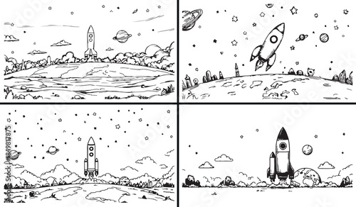 space doodle clipart, astronomy icon sketches, planet rocket drawings, hand drawn space icons, cosmic science graphics, black white space clipart, printable astronomy icons, kids space illustration pa