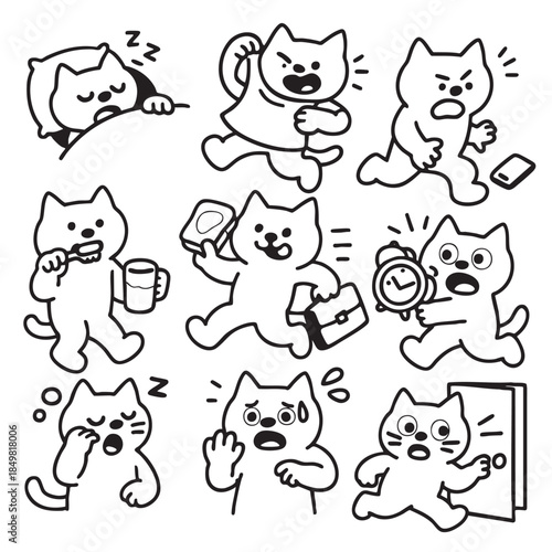 Cat cartoon morning routine emotion wake brush run alarm door
