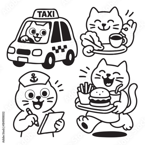 Cat taxi chef burger sailor joyful cartoon food black and white illustration