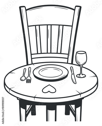 A dining table with a heart-shaped plate, cutlery, and a wine glass in black and white outline vector style, ideal for restaurant and romantic dinner themes