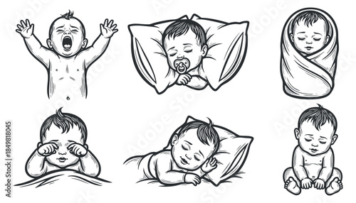 A collection of six baby illustrations displaying various emotions in detailed black and white line art style, perfect for parenting and childcare themes