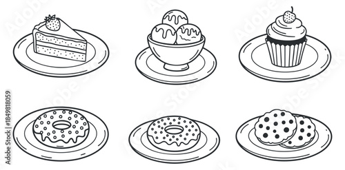 A collection of dessert illustrations including cake, ice cream, cupcake, donuts, and cookies in black and white outline vector style, perfect for bakery menus or sweet treat designs