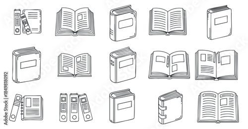A collection of various book illustrations including open and closed books, notebooks, and binders in a clean outline vector style, suitable for educational materials and graphic design projects