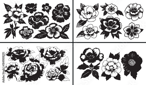 rose clipart illustration, blooming flower sketches, floral botanical art, hand drawn rose designs, romantic flower graphics, black white rose clipart, printable floral elements, rose illustration pac