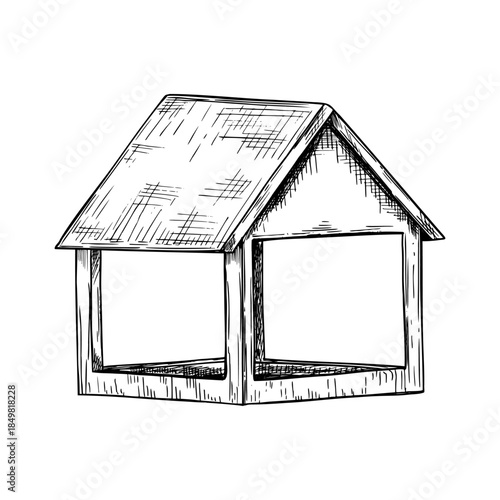 Classic wooden birdhouse feeder vector illustration painted by black inks. Element for feeding birds and animals in winter. For eco friendly projects, educational materials about wildlife, web design.
