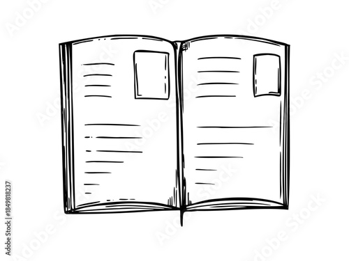 Monochrome open naturalist's journal with outlined frames for photos or sketches and pre drawn lines for notes, decorative bookmark vector isolated illustration. For nature blog graphics, design