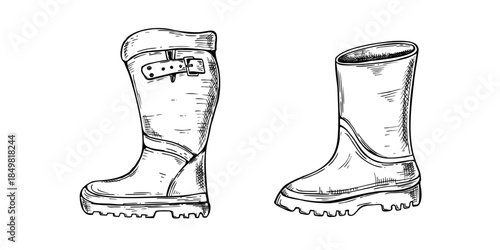 Rubber boots in various styles vector line art black ink sketch. Waterproof footwear for hiking and city walks through puddles. For illustrating product designs, creating weather related graphics