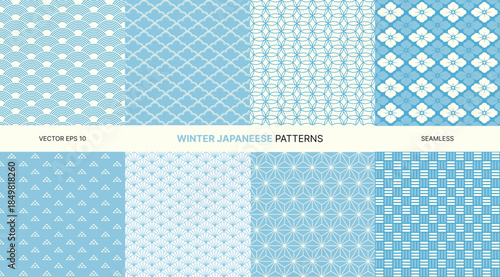 Seamless vector patterns featuring traditional Japanese geometric designs in winter blue white colors, decorative motifs for fabric, gift wrap, wallpaper, seasonal holiday New Year background