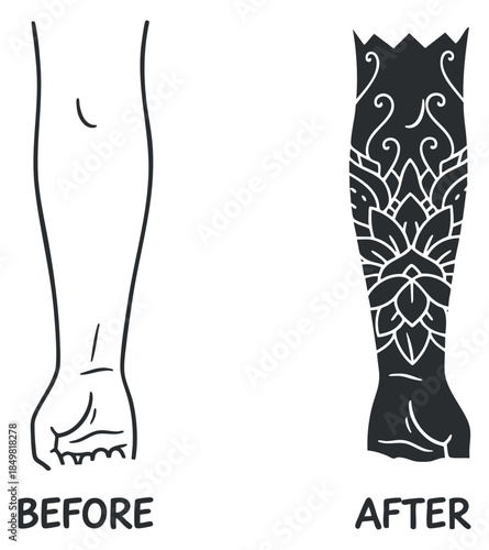 A visual representation of a forearm tattoo transformation, showcasing a plain arm before and an ornately decorated arm after in black and white vector style, ideal for tattoo design inspiration