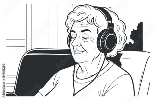 An elderly woman enjoying music with headphones in black and white line art style, suitable for illustrations about leisure and relaxation