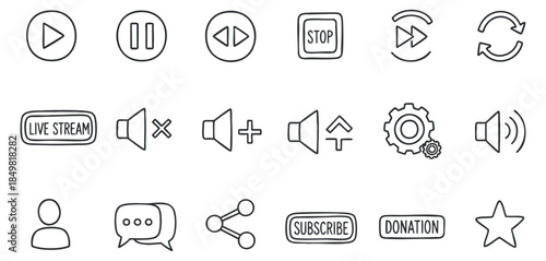 A collection of media control icons including play, pause, and live stream in minimalist outline vector style, suitable for user interface design