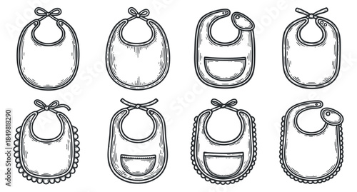 A collection of hand-drawn baby bibs in outline style, ideal for baby product branding and illustrations