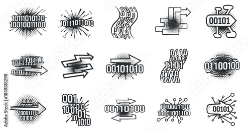 A collection of binary code and abstract symbols in black and white vector style, ideal for technology-themed projects