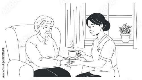 A caregiver holding hands with an elderly person while serving tea in a black and white minimalist vector style, perfect for healthcare and nursing themes