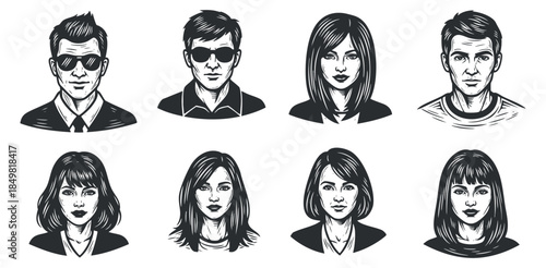 A set of stylized portraits featuring men and women in black and white vector style, ideal for character design and branding