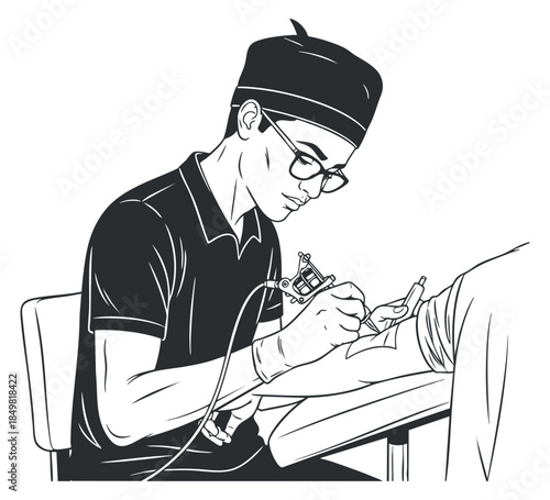 A tattoo artist professionally tattooing a client's arm in black and white outline vector style, suitable for tattoo shop branding and artistic designs