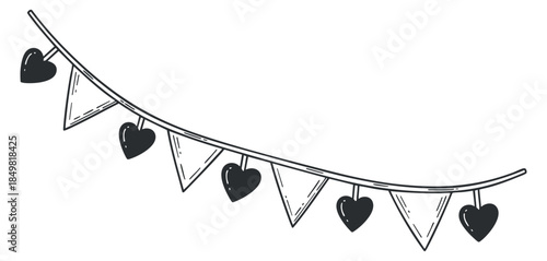 A decorative garland of heart-shaped flags in a charming hand-drawn outline vector style, perfect for romantic events and celebrations