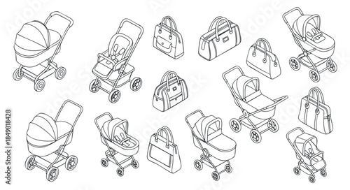 A collection of baby strollers, diaper bags, and infant carriers in minimalist outline vector style, perfect for parenting and baby product design