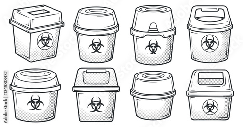 A set of biohazard waste containers in detailed line art vector style, ideal for safety and health-related designs