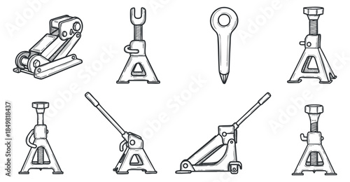 A collection of various automotive jacks in outline vector style, suitable for mechanic and repair service graphics