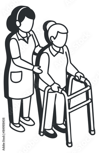 A caregiver assisting an elderly person using a walker in black and white outline vector style, ideal for healthcare illustrations