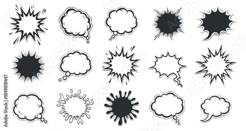 A collection of comic-style speech and thought bubbles in black and white outline vector style, ideal for graphic design and storytelling