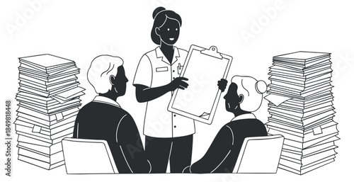 A business meeting with a woman presenting documents to two seated colleagues in black and white vector style, ideal for corporate communication