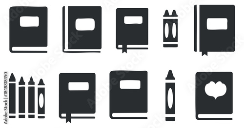 A collection of various books, notebooks, and writing instruments in flat black vector style, ideal for educational and creative design projects