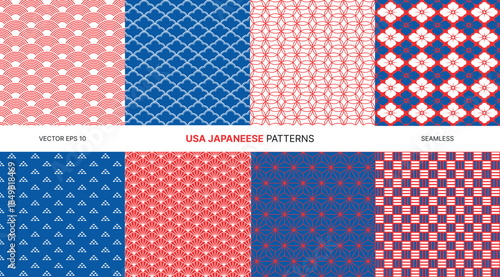 Seamless vector patterns inspired by USA Japanese style with red blue white geometric traditional motifs waves flowers lattice cultural backgrounds decorative elements for textiles wallpapers prints